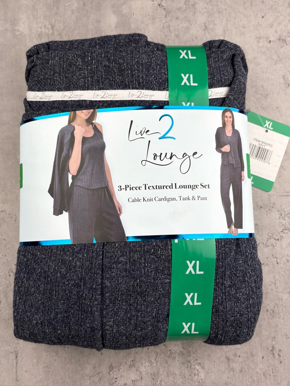 Live 2 Lounge Women's 3-Piece Cable Knit Textured Lounge Set, Navy, Size XL